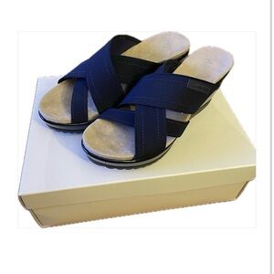 Anne Klein Robin Navy Slip On Mid Wedge Sandal